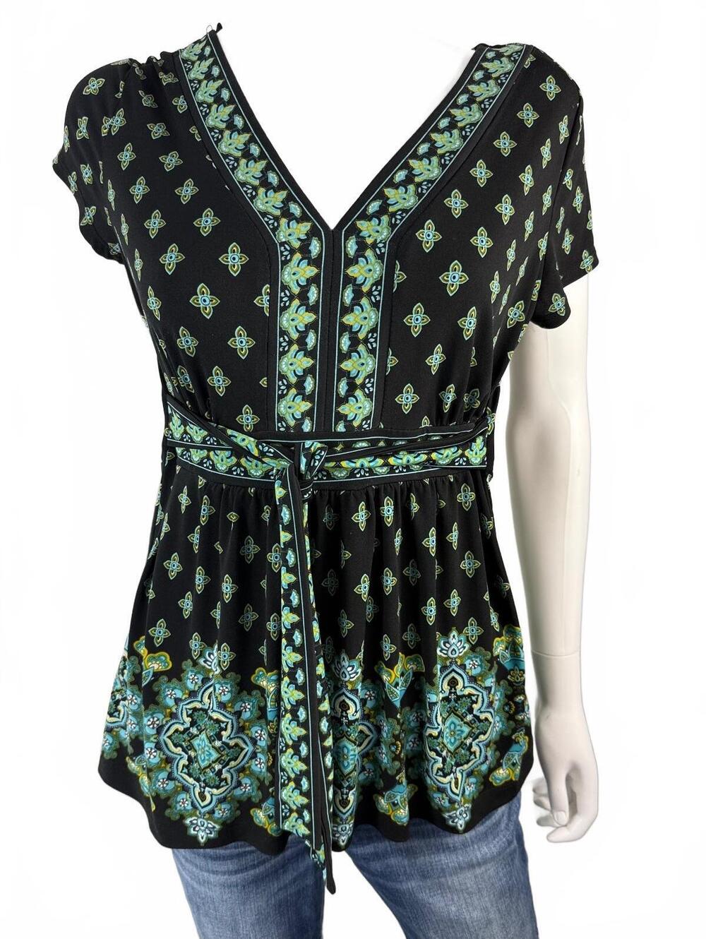 APT. 9 Black Green Patterned V-Neck Belted Short Sleeve Top Size M